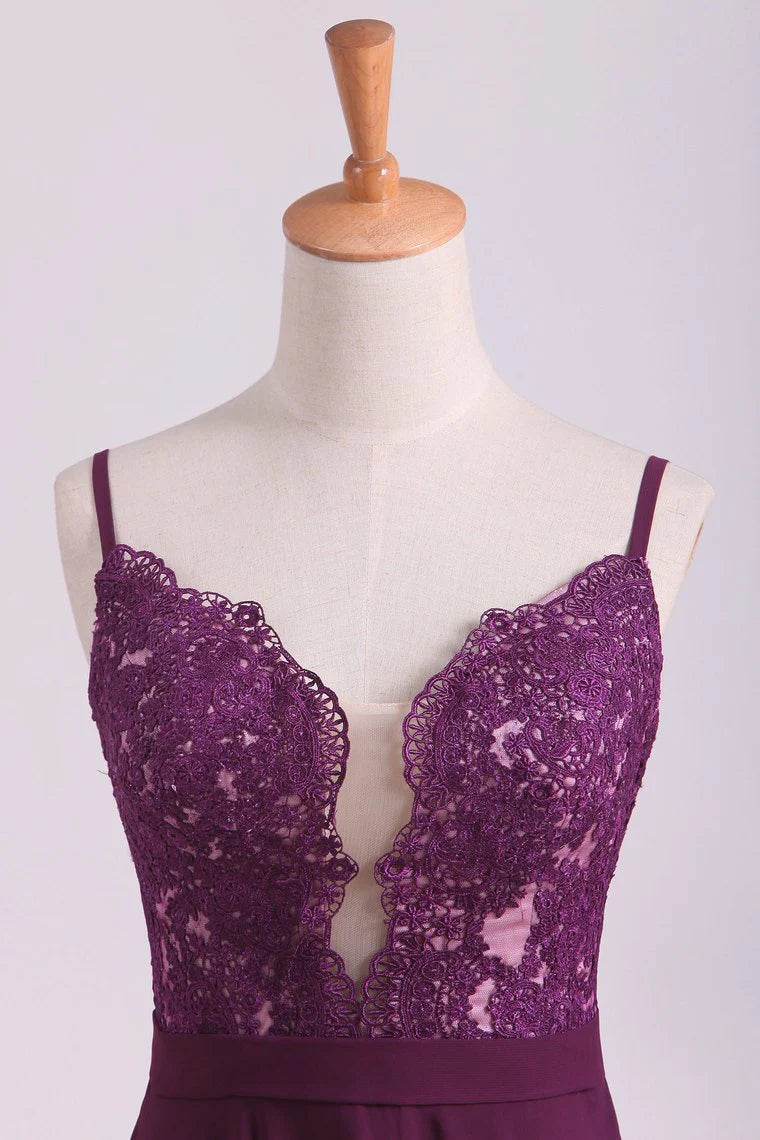 Party Dresses A Line Spaghetti Straps Chiffon With Applique Floor Length